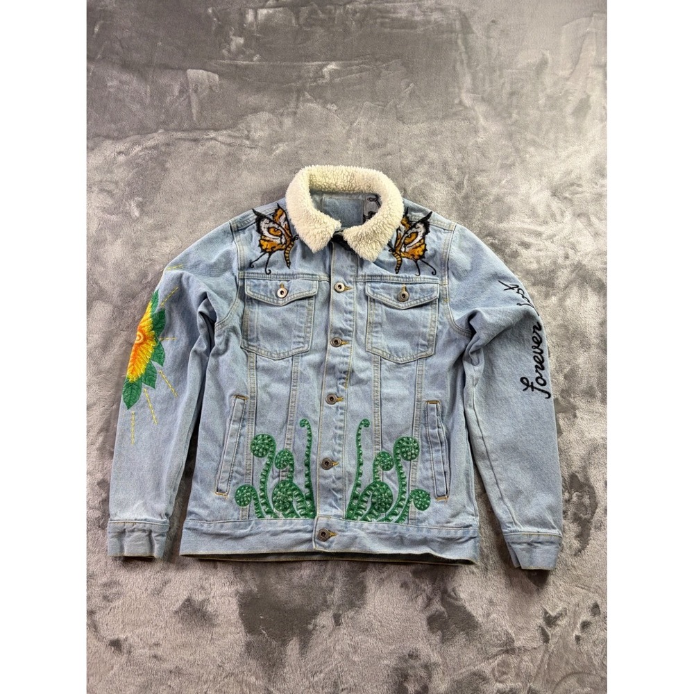 Zara Nowhere To Be Found Jacket Mens S Blue Embroidered Patchwork Jean Denim